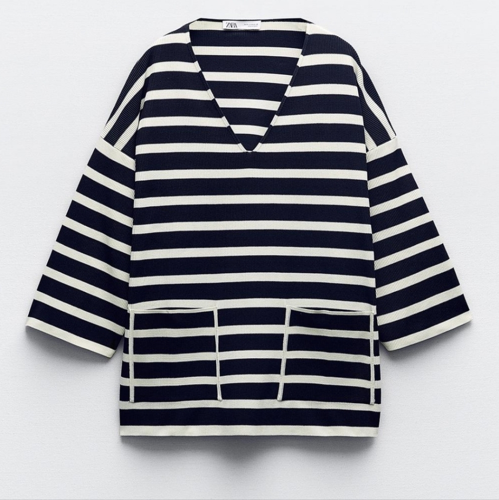 💖💖 Zara Black and White Striped Knit Tunic V-Neck Top Size M